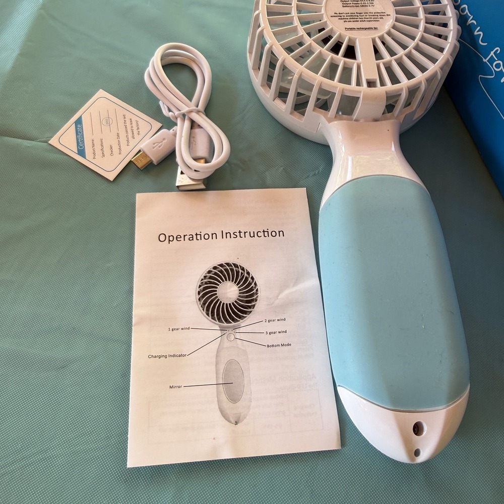 Unbranded Born For Quality Battery Handheld Fan Rechargeable Blue and White Mini